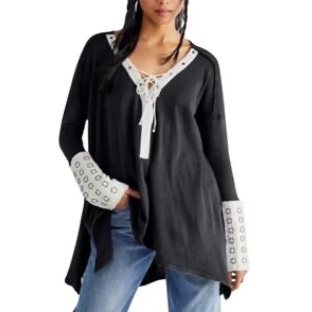 Free People Black Lace Up V Neck‎ Long Sleeve Grommet Cuff Oversized Tunic Top S